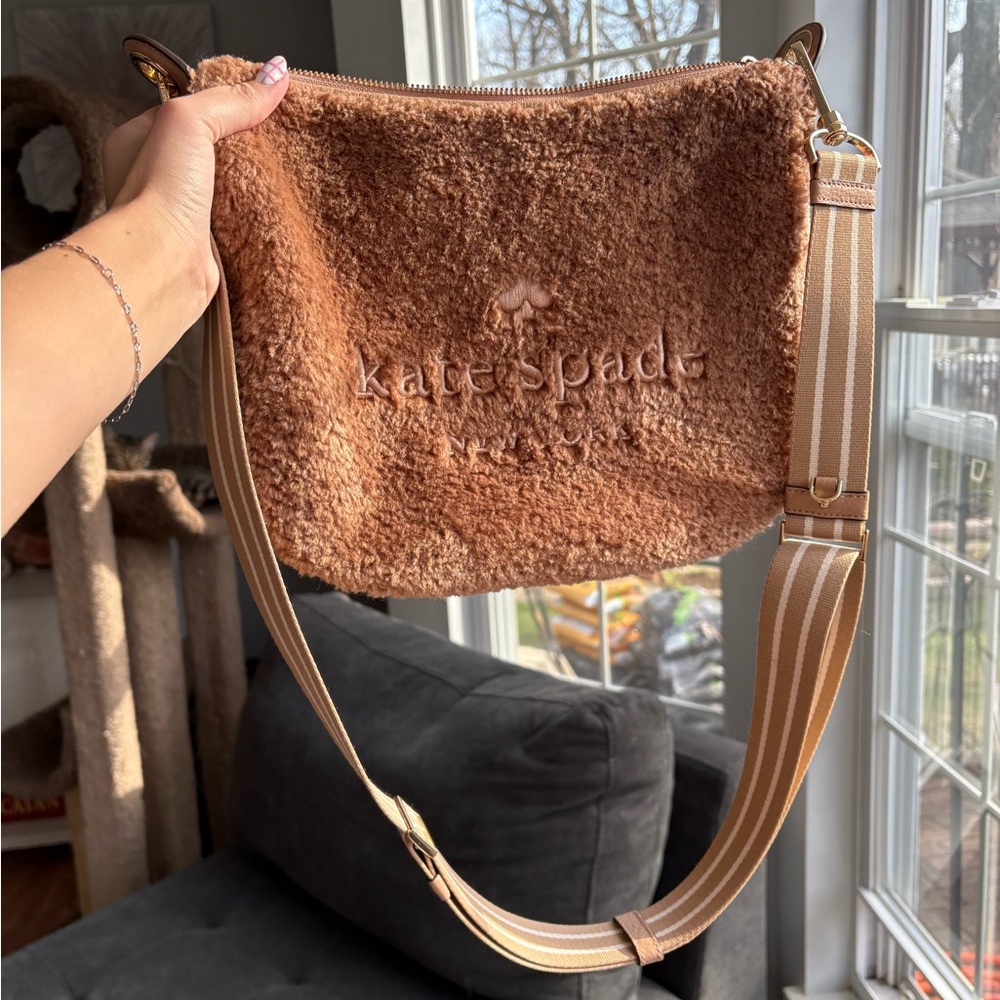 kate spade Rosie Faux Fur Cozy Sherpa Crossbody Bag in Brown with Striped Strap